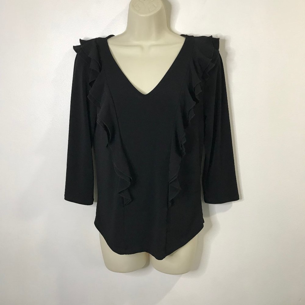 New York & Company Black Blouse Shirt XS Extra Small Ruffle V-neck 3/4 Sleeves